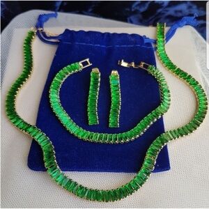 Swarovski Elements Gold Emerald Green Emerald-cut Baguette Tennis Necklace NEW